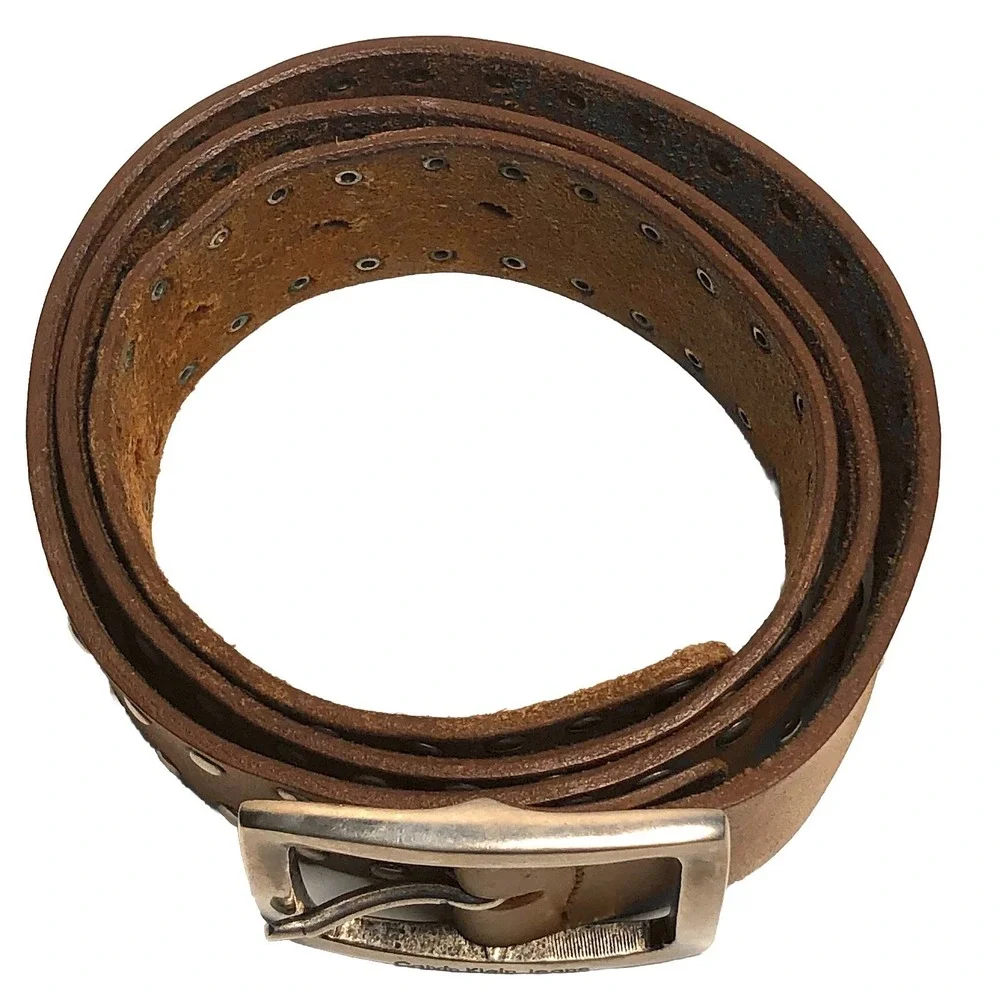 Vtg Y2K Calvin Klein Jeans Studded Brown Leather‎ Belt 33-37